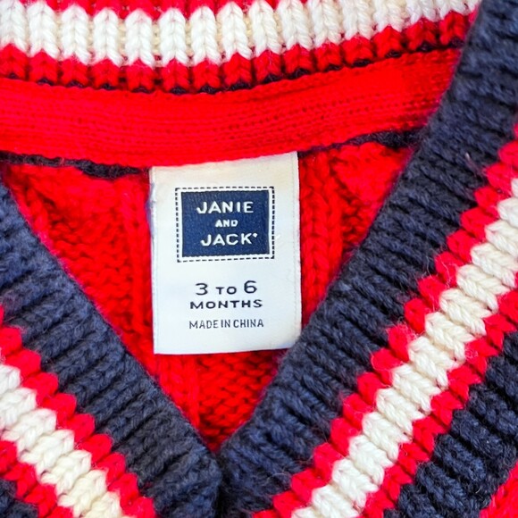 Janie and Jack Red Cable Knit Vest V-Neck Blue Stripe Trim 3-6mos Preppy - Picture 4 of 6